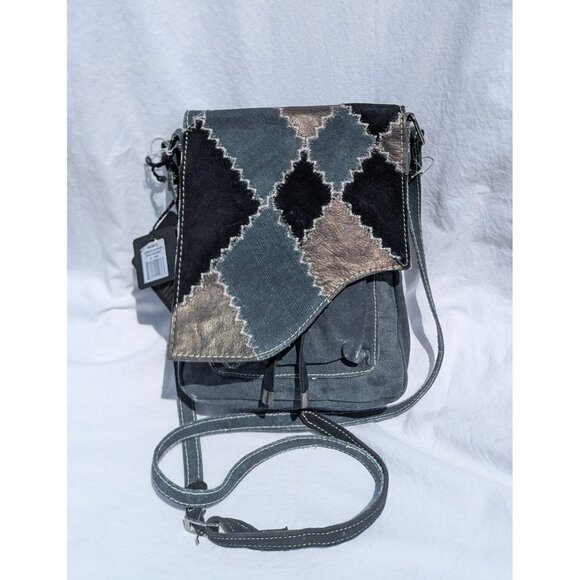 NEW Mona B Up-Cycled Seneca Crossbody Bag Blue Patchwork Cotton & Leather - Picture 1 of 12